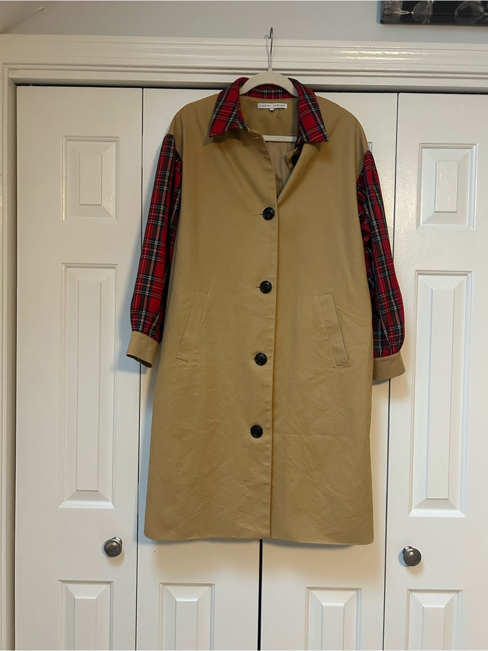 Women's Tan Trench Coat with Red Plaid Sleeves